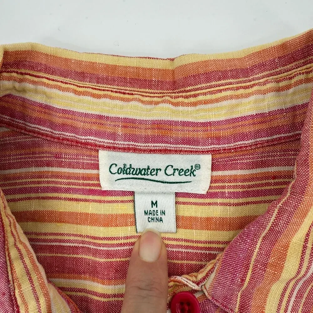 COLDWATER CREEK Linen Striped Shirt Size M 3/4 Sleeve Top Shirt Tail Hem Sunset